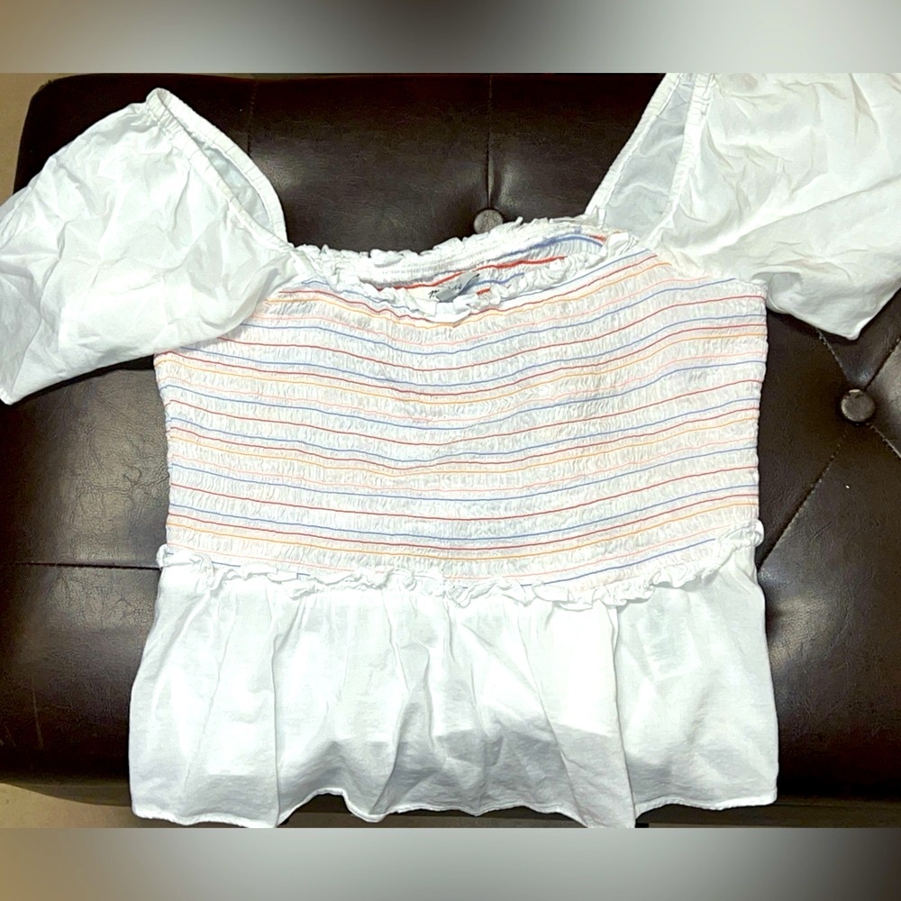 Madewell White Smocked Peplum Blouse – Pastel Stripe Puff Sleeve – M